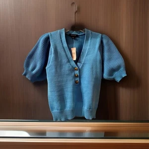 Womens NWT Ann Taylor Henley Sweater Aqua Puffy Sleeves Small - Picture 1 of 6