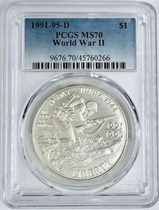D-Day World War II 1991-95 D $1 Commemorative Silver Dollar PCGS MS 70 WW2 - Picture 1 of 2