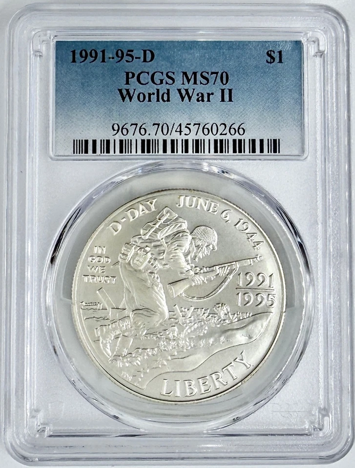 D-Day World War II 1991-95 D $1 Commemorative Silver Dollar PCGS MS 70 WW2 - Image 1 of 2