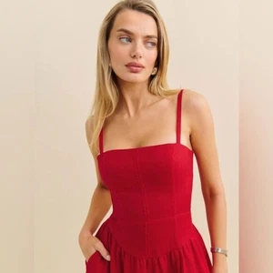 NEW Reformation Katarin Linen Midi Dress Lipstick Red Lace Detail | US 2 UK 6 - Picture 1 of 14