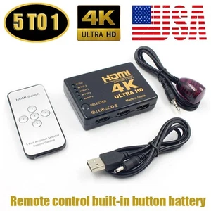 5 In 1 Out HDMI Switch 4K Splitter 5 Port Selector Switcher Hub IR Remote HDTV - Picture 1 of 8
