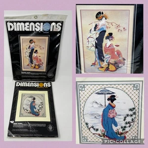 Vtg 2 Dimensions Geisha Ladies Crewel/Cross Stitch Needle Kits 80's #1335 #3571 - Picture 1 of 11