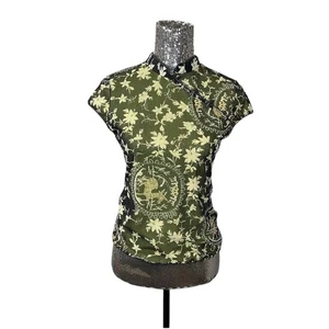 Vintage Y2K Whimsigoth Mesh Frog Button Mandarin Collar Sheer Top Medium Festive - Picture 1 of 6