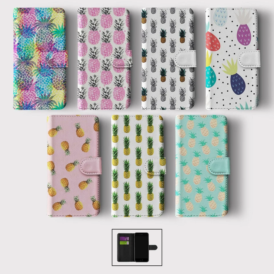 CASE FOR IPHONE 16 16E 15 14 12 SE WALLET FLIP PHONE COVER PINEAPPLE COLOURFUL - Image 1 of 1