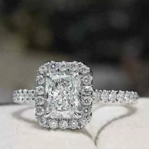 2Ct Emerald Cut Lab Created Diamond Engagement Halo Ring 14K White Gold Plated - Picture 1 of 8