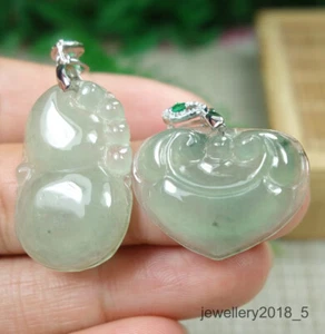 2Pcs Certified Icy Light green Burma 100% Natural A jadeite jade Pendant~葫芦 如意 - Picture 1 of 11