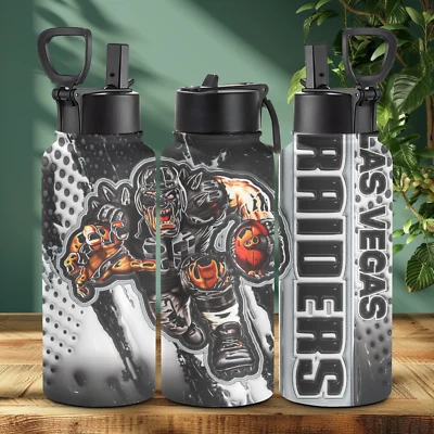 Botella de agua deportiva Las Vegas Raiders 32 oz con frasco aislante de paja y mango Foto 1 de 3