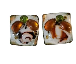 Andree Bazot Hand Crafted Enamel Glass Copper Clip On Earrings Paris France - Picture 1 of 4
