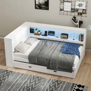 Full Size Bed Wood Daybed with Storage Shelves, USB, LED, and Trundle, White - Picture 1 of 12