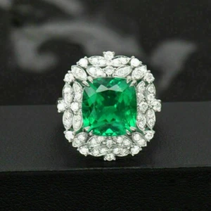3Ct Lab Created Emerald & Diamond Cluster Engagement Ring 14K White Gold Finish - Picture 1 of 3