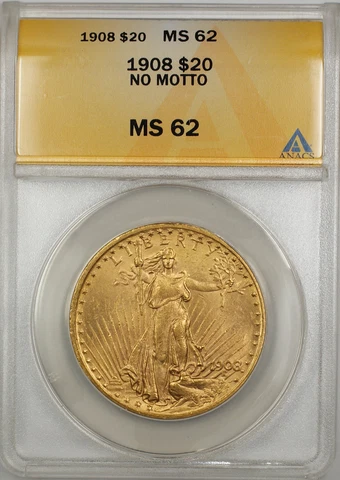1908 No Motto $20 St. Gaudens Double Eagle Gold Coin ANACS MS-62 SB Cover