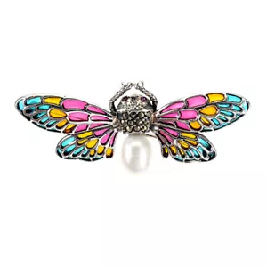 Broche De Verano De Plata 925 Con Perla Barroca Rubí Y Piedra De Marcasita - Imagen 1 de 9