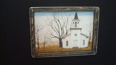 PRIMITIVE COUNTRY PRINT *OLD CHURCH in a FIELD* black frame 8 1/2" x 12"  - Image 1 of 3