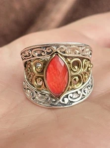 Carolyn Pollack Sterling / Brass Filigree Orange Coral Doublet Quartz Ring Sz 6 - Picture 1 of 5