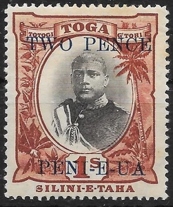 TONGA SG67 1923 2d ON 1/= BLACK & RED-BROWN WMK UPRIGHT MTD MINT - Picture 1 of 1