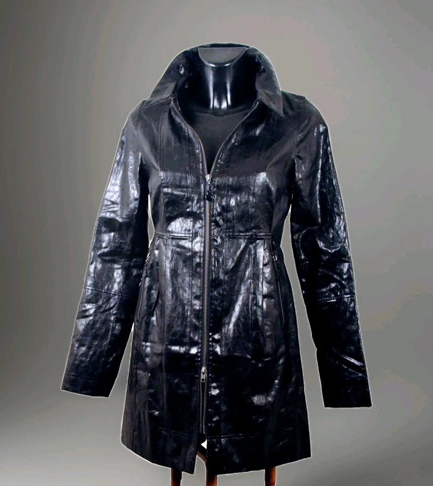 Firetrap Black Abrigo 2/4" Wet Look "Shaped Distrassed Efecto New Con Tag Eu 8 - Imagen 1 de 4