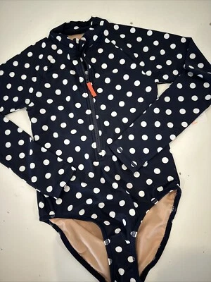 NWT 10 Yr CREWCUTS GIRL’S SWIM SUIT RASH GUARD UPF 50+ NAVY POLKA DOTS ZIPPER - Image 1 of 4