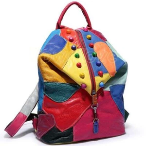 Mochila de cuero de oveja para mujer coloridos bloques retazos bolsa de viaje mochila - Imagen 1 de 10