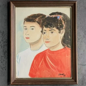 Vintage ’89 Framed Watercolor Portrait by Edmund Original Painting of Two Youths - Picture 1 of 7