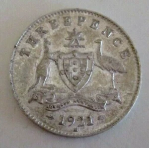 1921 M - Australian Threepence Coin - Coat of Arms & King George V - Circulated - Imagen 1 de 4