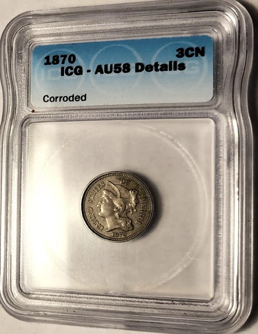 CHOICE 1870 THREE CENT NICKEL 3C TRIMES AU-58 DET ICG BEAUTIFUL RARE HIGH GRADE Cover