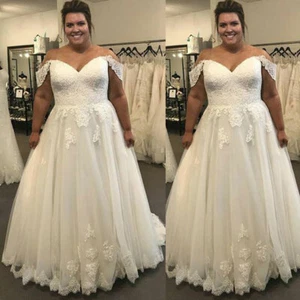 Off the Shoulder Plus Size Wedding Dresses Lace Appliques Wedding Bridal Gowns - Picture 1 of 10