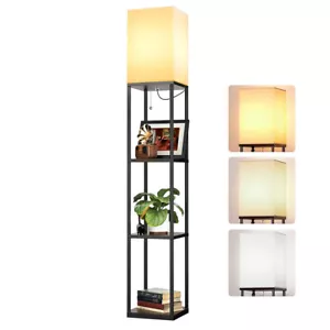 Floor Lamp Light with Shelves 3 Color Temperature LED Bulb Wood Standing Lamp - Picture 1 of 8