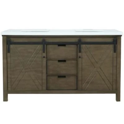 Tocador doble con tapa de cuarzo Lexora Home Marsyas 60" con fregaderos en marrón rústico Foto 1 de 4