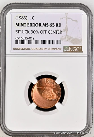 NGC MS65 RD 1983 LINCOLN MEMORIAL CENT STRUCK 30% OFF CENTER MINT ERROR 1c (B12) Cover