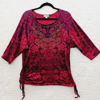 T-Shirt Size M Burgundy Metallic Stud Scoop Ruched Witchy Boho Romantic Bold Y2K - Image 1 of 4