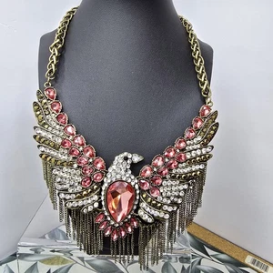 Betsey Johnson Eagle Gold Tone Pink & Clear Rhinestone Necklace Tassle Details  - Picture 1 of 10