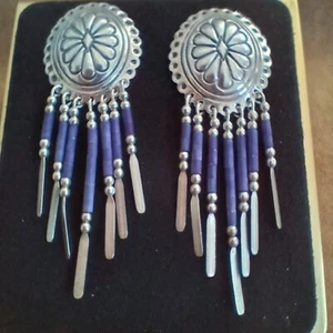 925 Sterling Silver Decorative Concho & Beaded Purple Dangle Earrings- 2 1/2" L - Picture 1 of 8