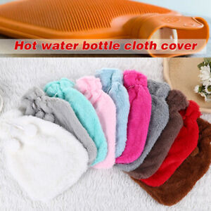 Large 2L Natural Rubber Hot Water Bottle With Warm Faux Fur Fluffy Pom Pom Cover