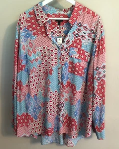 NEU Talbots 1/2 Knopf Tunika Bluse 2X Neu mit Etikett $ 94,50 geometrisches Krempelriegelärmel - Bild 1 von 12