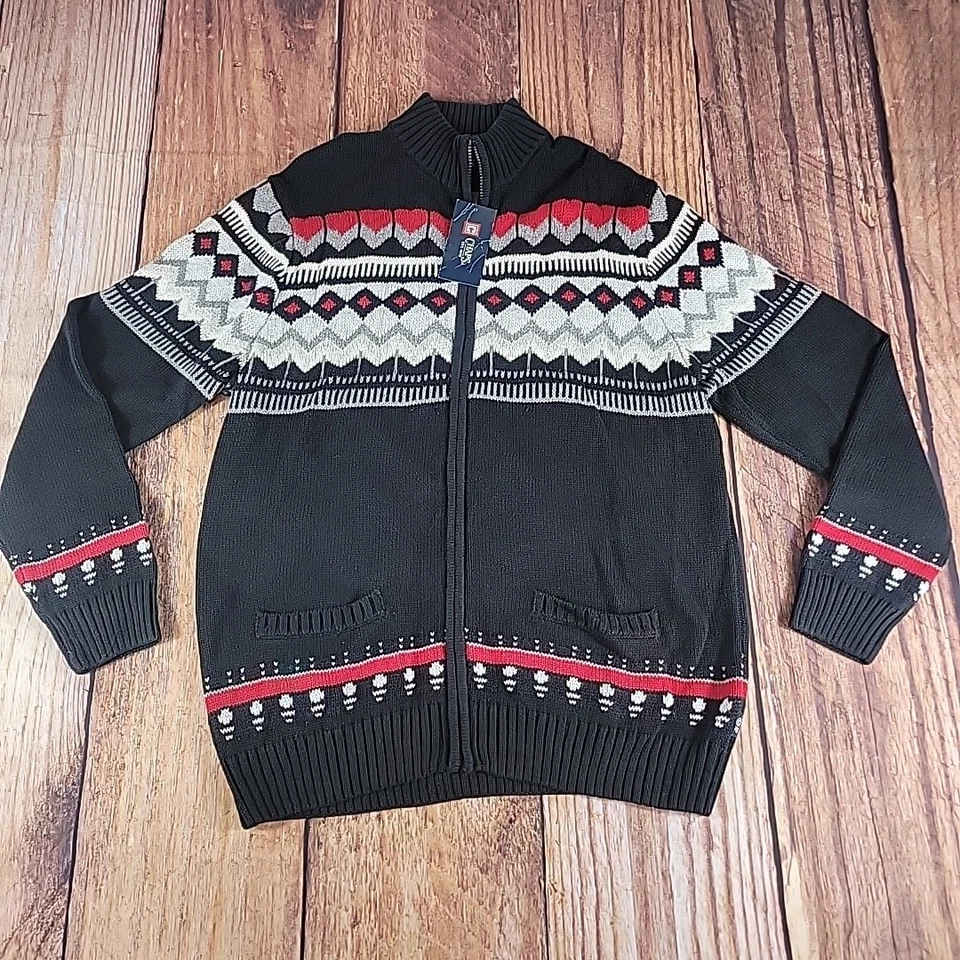 Nuevo con etiquetas Cárdigan Chaps Suéter de Esquí Hombres L Negro/Rojo Lodge Fair Isle Manga Larga Foto 1 de 4