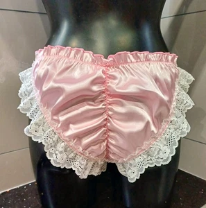 Pink Silk Satin Frilly Lace Sissy Tanga Ruched Panties Knickers CD TV L 12-14 - Picture 1 of 4