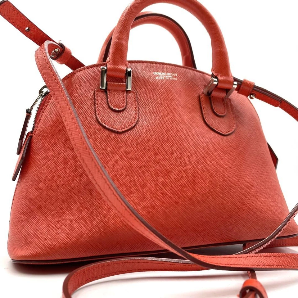 Giorgio Armani 2Way 标志 Saffiano 皮革包橙色斜挎包托特包正品 — 第 1/4 张图片