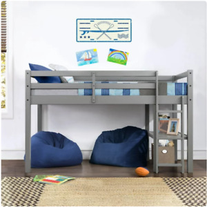 Kids Twin Loft Bed Shelf Room Kid Furniture Solid Wood Instruction Gray Finish