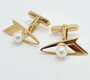 MIKIMOTO Pearl Cufflinks Cuff Link Gold Tone Silver Pearl Size 6mm - Bild 1 von 8