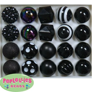 Mixed Styles of 20mm Black Acrylic Chunky Bubblegum Beads Lot 20 pc - Picture 1 of 1