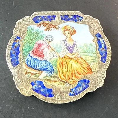 BOITE ANCIEN POUDRIER Argent Massif émaux émailler vermeil art nouveau XVIII - Photo 1/4