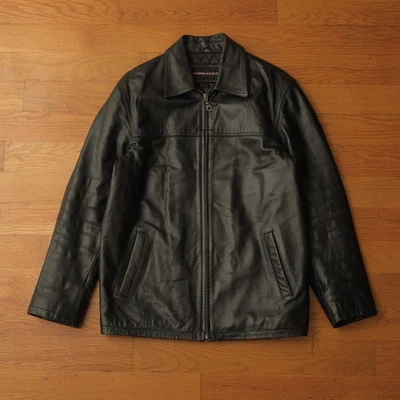 Chaqueta de Cuero Negra Charles Klein Talla S Cremallera Frontal Acolchada Forrada Retro Grunge Foto 1 de 4