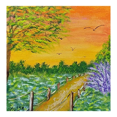 农村公路风景野花原创绘画手工小墙艺术 6x6 — 第 1/4 张图片