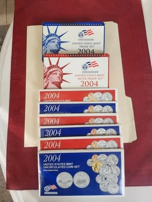 2004 SILVER PROOF SET (2004) PROOF SET) (3) 2004 UNCIRCULATED MINT SETS - Image 1 of 2