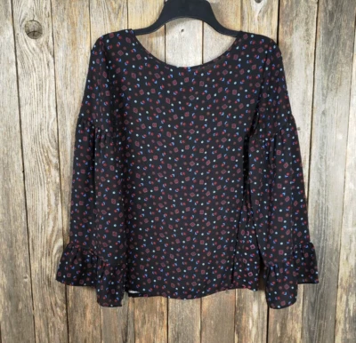 Loft S Black Blue Red Floral Tie Back Bell Sleeve Blouse Top Boho Cottage Career - Image 1 of 4