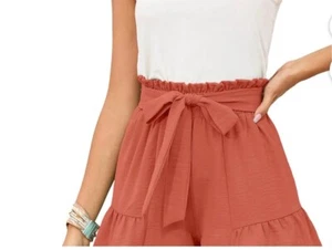 Women's Wide Leg Shorts Large 12-14 Coral High Waist Adjustable Loose Tie Belted - Picture 1 of 3