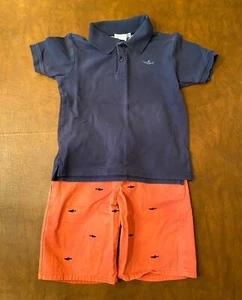 Janie and Jack Red Twill Chino Short with Sharks and coordinating Polo Size 6 - Picture 1 of 7