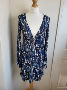 Miss Sixty Ladies Dress Size L Blue White Print Plunge V Neck Stretch Retro - Picture 1 of 17