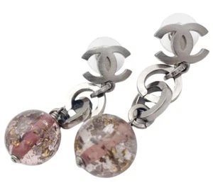 CHANEL CC Logos Drop Clear Pink Ball Stud Earrings Silver Tone 06P Auth D-t104 - Picture 1 of 6