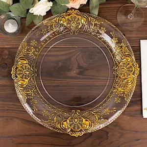 CLEAR 6 Round 13" Plastic CHARGER PLATES GOLD Embossed Rim Party Decorations - Picture 1 of 8